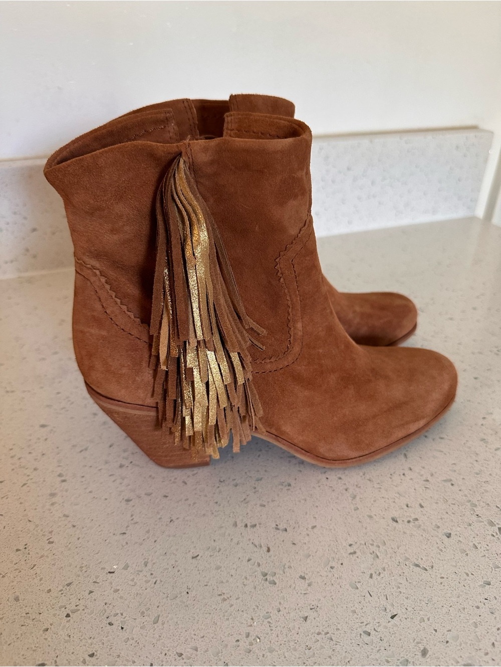 Sam Edelman Louie Saddle Suede Fringe Tassel Ankle Booties 10.5M Western Boho - Picture 2 of 11
